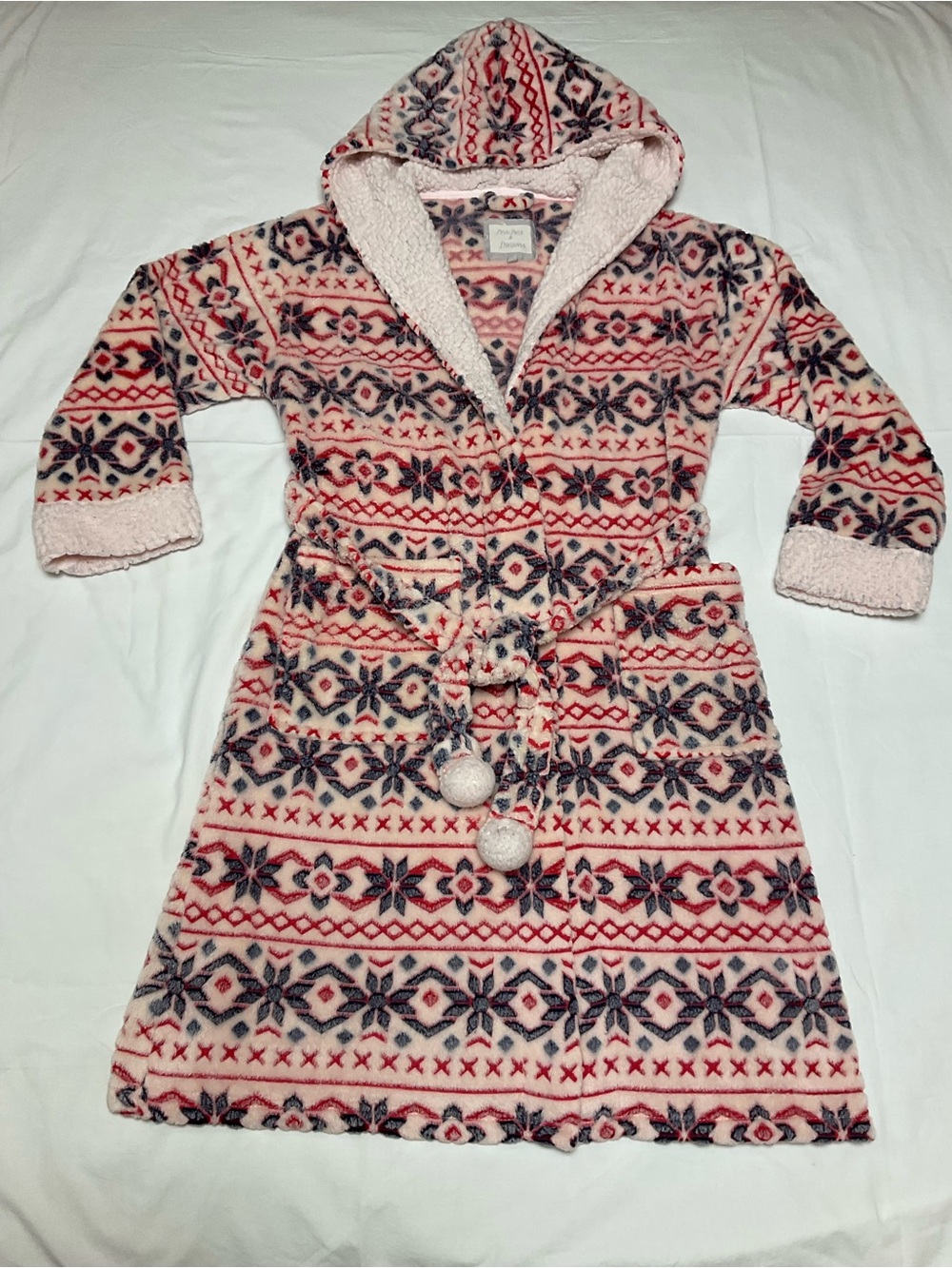 Peaches & Dreams Fair Isle Hooded Bathrobe Pink Navy Sherpa Lined Plush Fleece